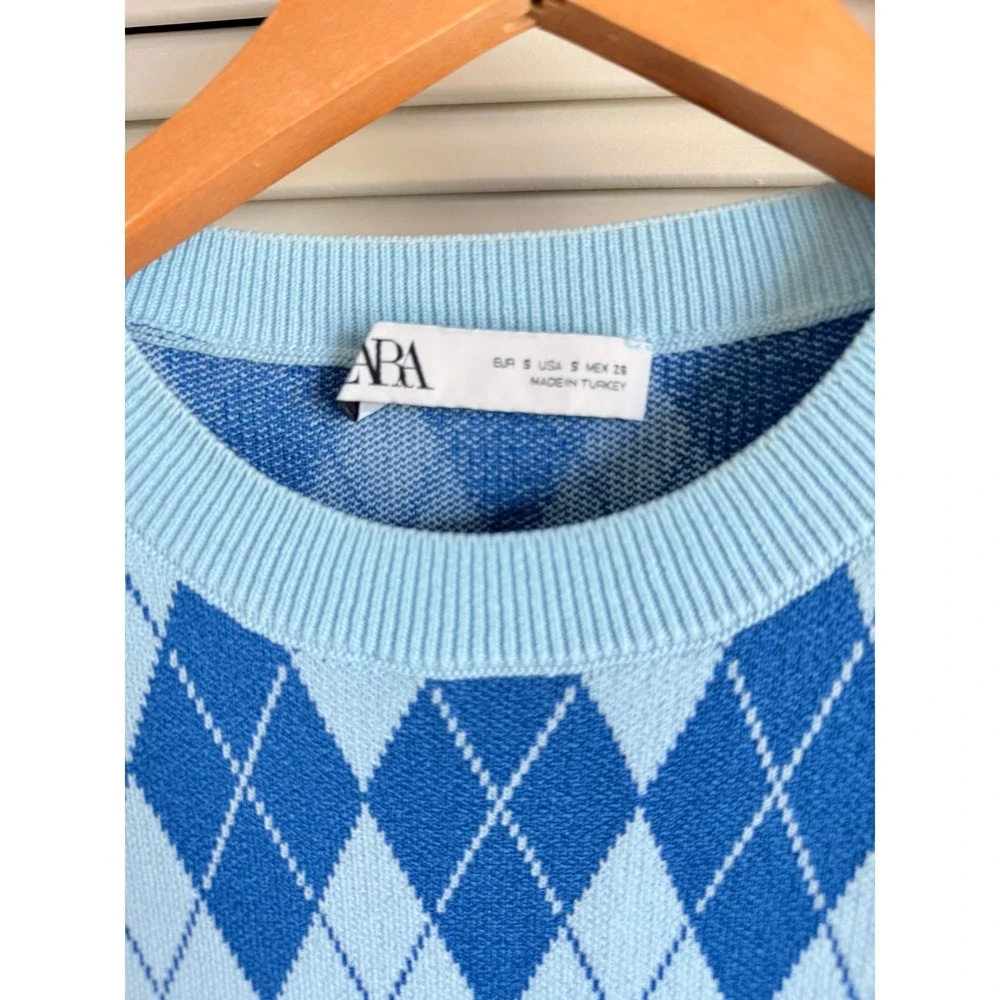 Zara Womens Blue Argyle Knit Sleeveless Mini‎ Dress Size Small Preppy Crew Neck